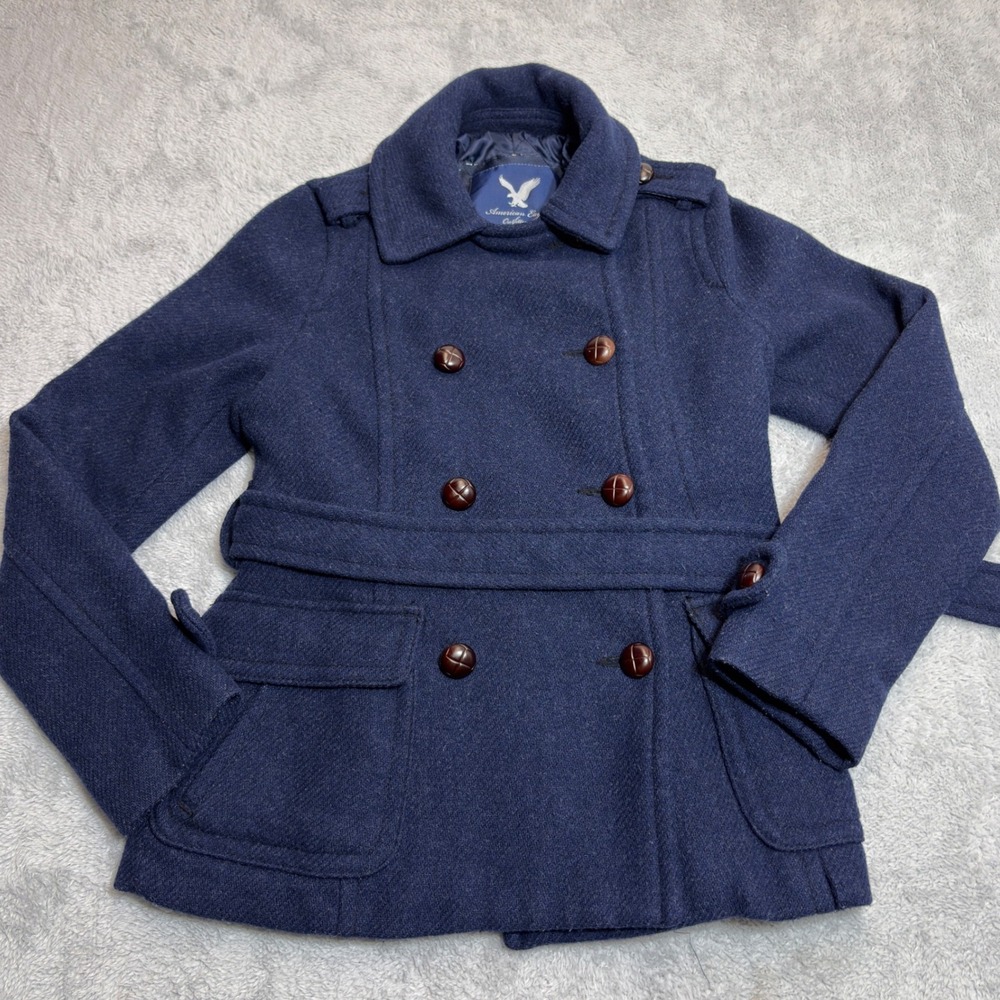 American Eagle Pea Coat Womens Medium Blue Wool Blend Belted Double Breasted